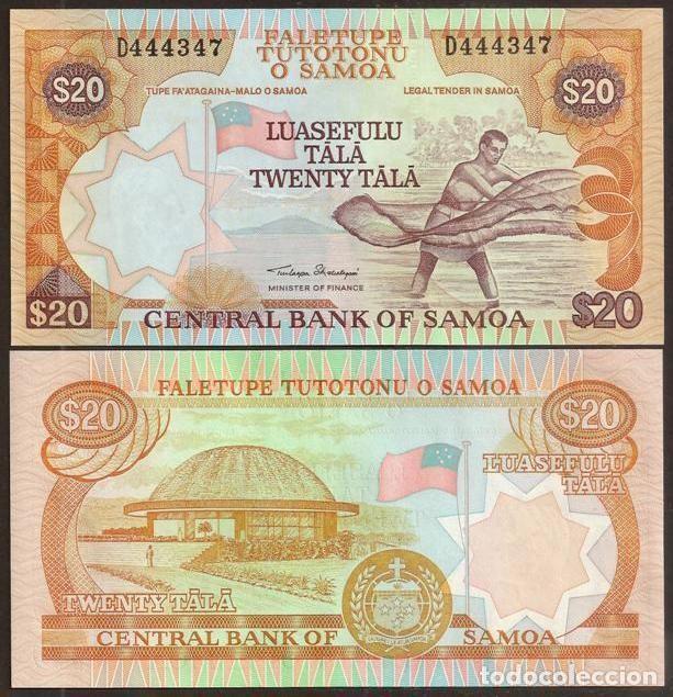 Billetes extranjeros: SAMOA. 20 tala (2002). Pick 35 a. S/C. Serie D. 1 firma. Hilo interior.