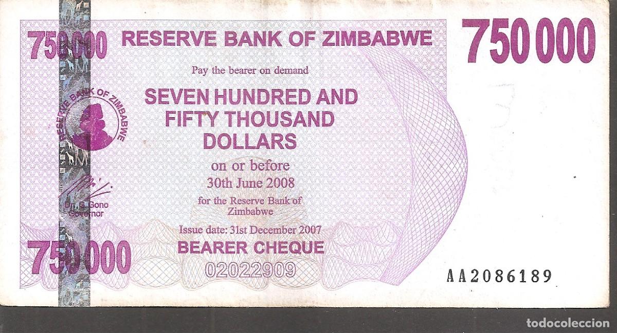 Billetes extranjeros: ZIMBABWE 750.000 DOLLARS 2008 BEARER CHEQUE