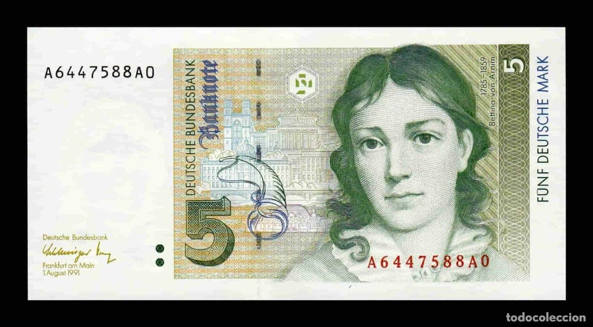 Billetes extranjeros: Alemania Rep&uacute;blica Federal RFA 5 Marcos Bettina 1991 Pick 37 Sc Unc