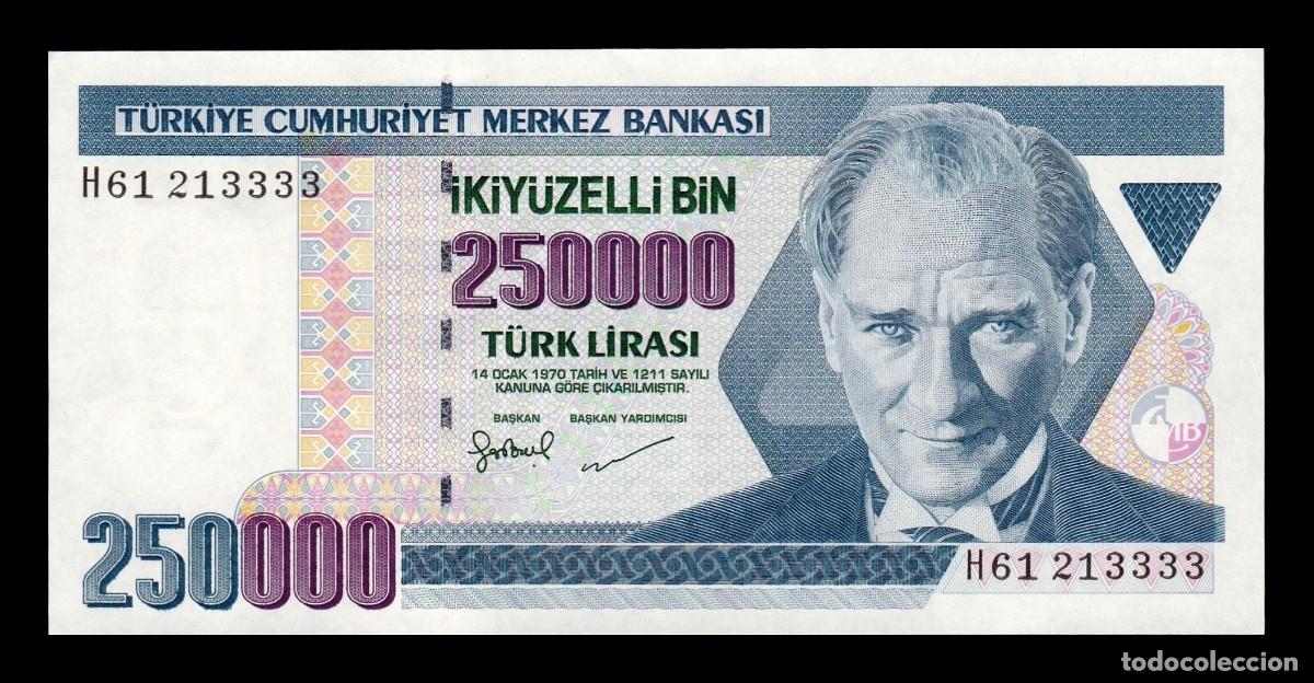 Internationale Banknoten: Turqu&iacute;a 250000 Liras Mustafa Kemal Atat&uuml;rk L. 1970 (1998) Pick 211 Sc Unc