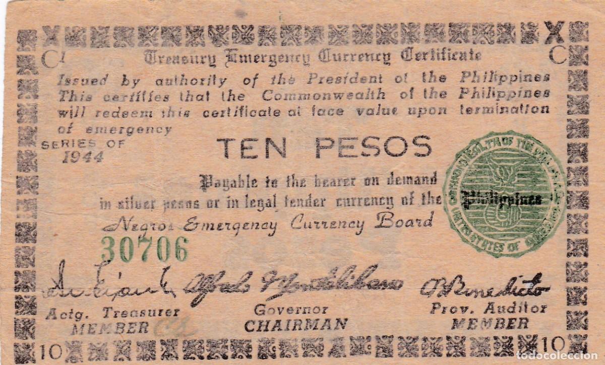Banconote internazionali: FILIPINAS - 10 PESOS DE 1944 - GUERRILLA DE NEGROS - 2&ordf; GUERRA MUNDIAL