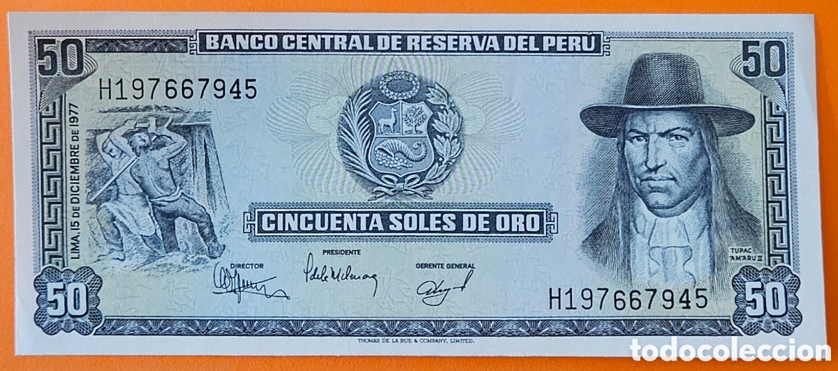 Billetes extranjeros: PER&Uacute;, 50 SOLES DE ORO, 1977.