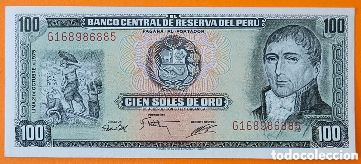 Billetes extranjeros: PER&Uacute;, 100 SOLES DE ORO, 1975.