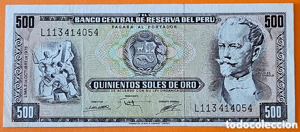 Billetes extranjeros: PER&Uacute;, 500 SOLES DE ORO, 1975.