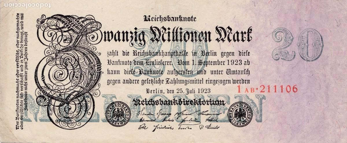 Banconote internazionali: ALEMANIA - 20 MARCOS DE 1923