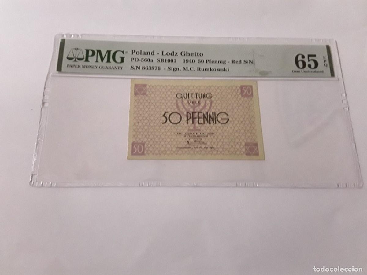 Internationale Banknoten: ALEMANIA III REICH / POLAND LODZ GHETTO - MUY RARO BILLETE 50 PFENNIG. ENCAPSULADO PMG 65