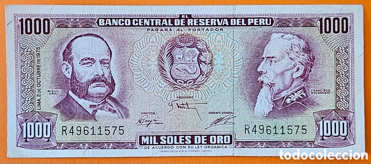 Billetes extranjeros: PER&Uacute;, 1000 SOLES DE ORO, 1975.