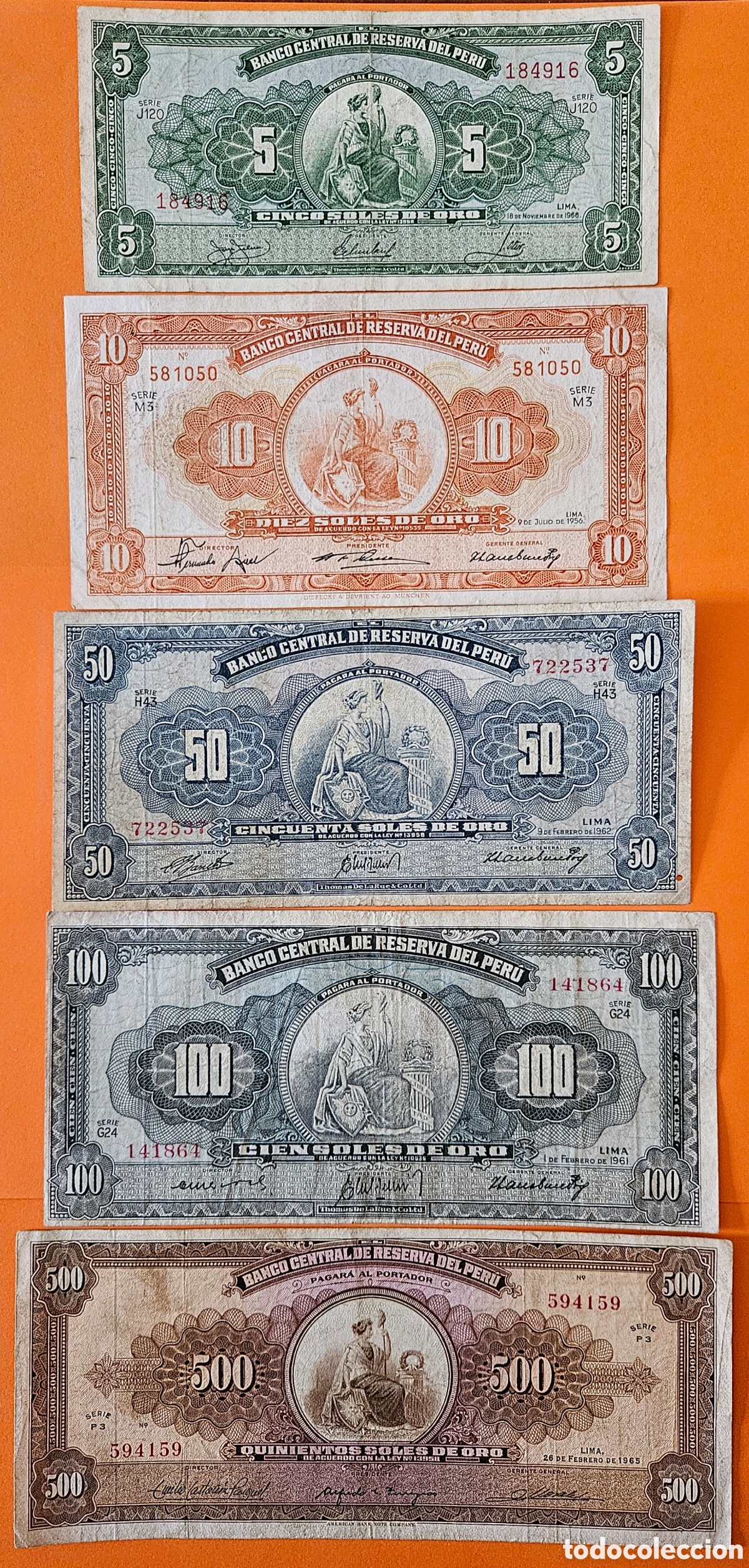 Billetes extranjeros: PER&Uacute;, 5 BILLETES, SERIE &rdquo;LIBERTAD&rdquo;: 5, 10, 50, 100,500 SOLES DE ORO.