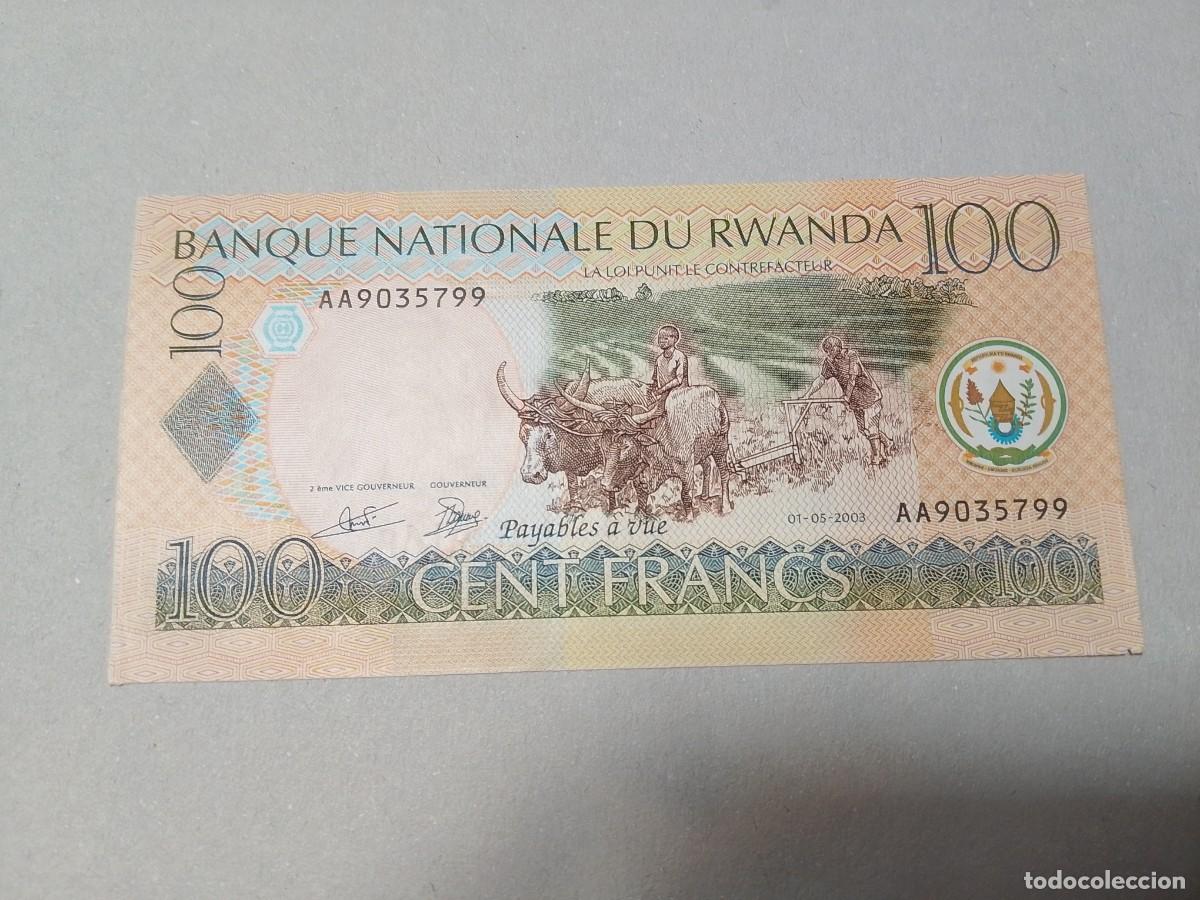 Billetes extranjeros: Billete Rwanda, 100 francs, a&ntilde;o 2003, serie AA, aUNC
