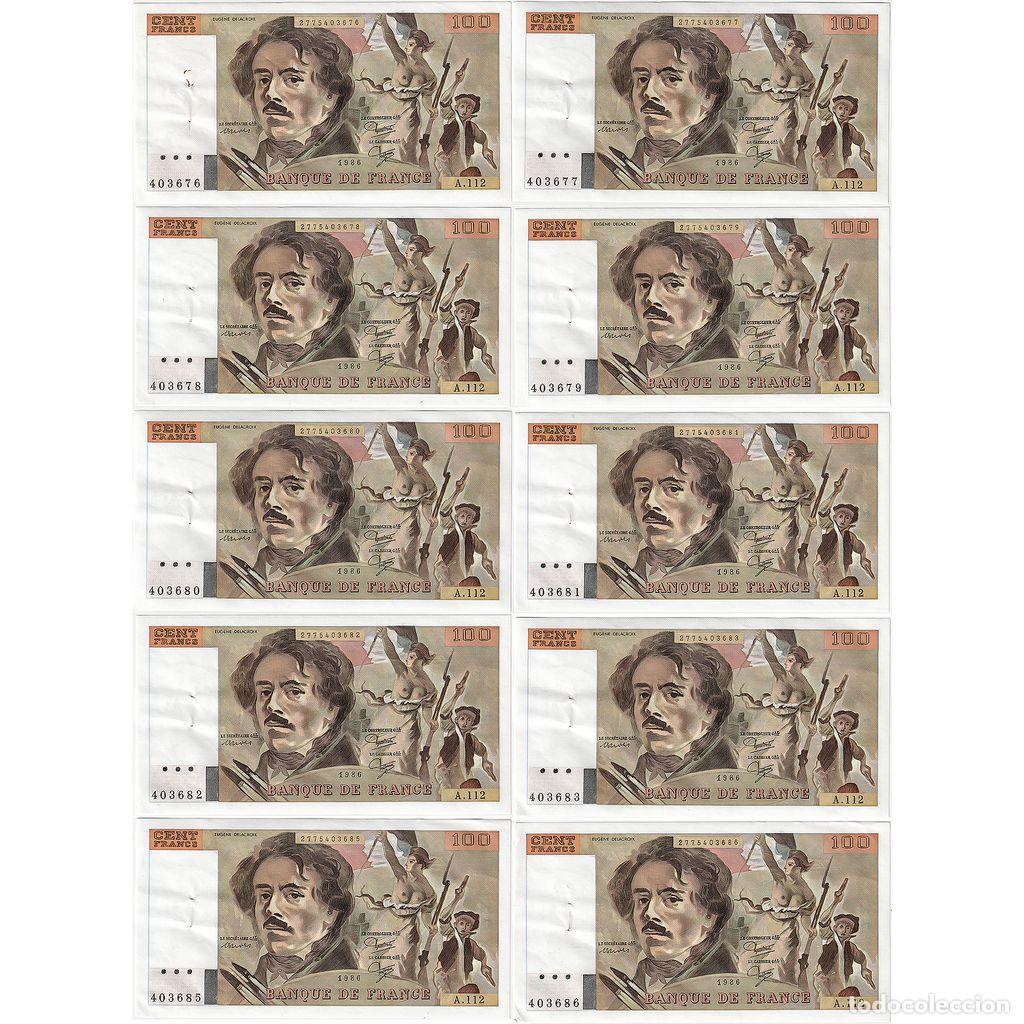 Billets internationaux: [#377439] Francia, 10x100 Francs, Delacroix, 1986, A.112, Consecutive Numbers, EBC