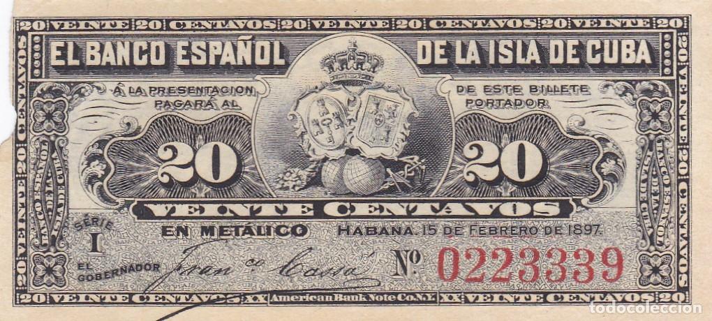 Internationale Banknoten: CUBA - ESPA&Ntilde;A COLONIAL - 20 CENTAVOS DE 1897