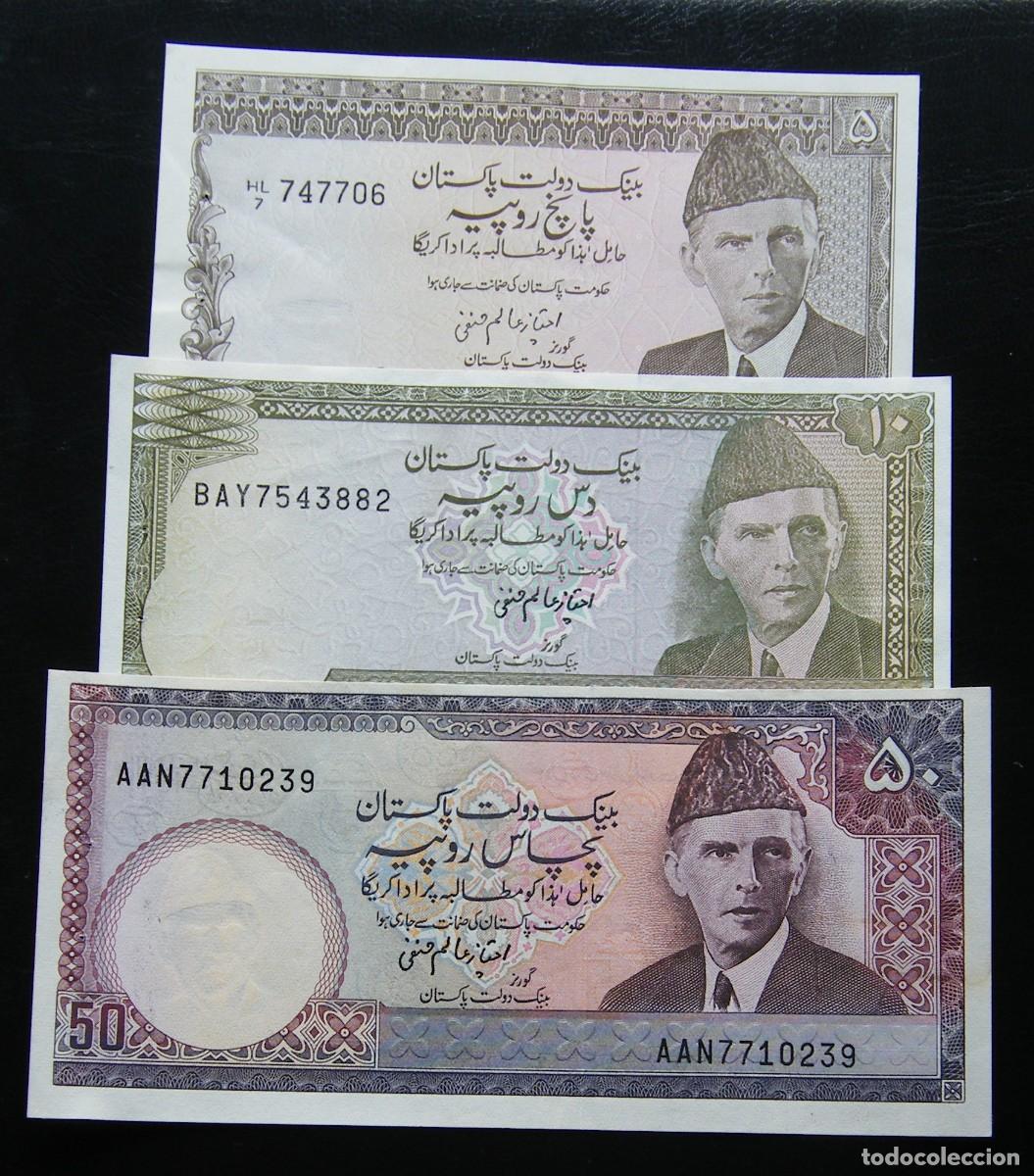 Banconote internazionali: PAKIST&Aacute;N LOTE DE 3 BILLETES DE 5-10 y 50 RUPIAS -MUY BONITOS-