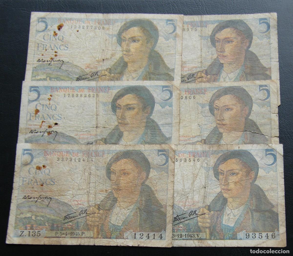 Billetes extranjeros: FRANCIA LOTE DE 6 BILLETES DE 5 FRANCOS... FATIGADOS