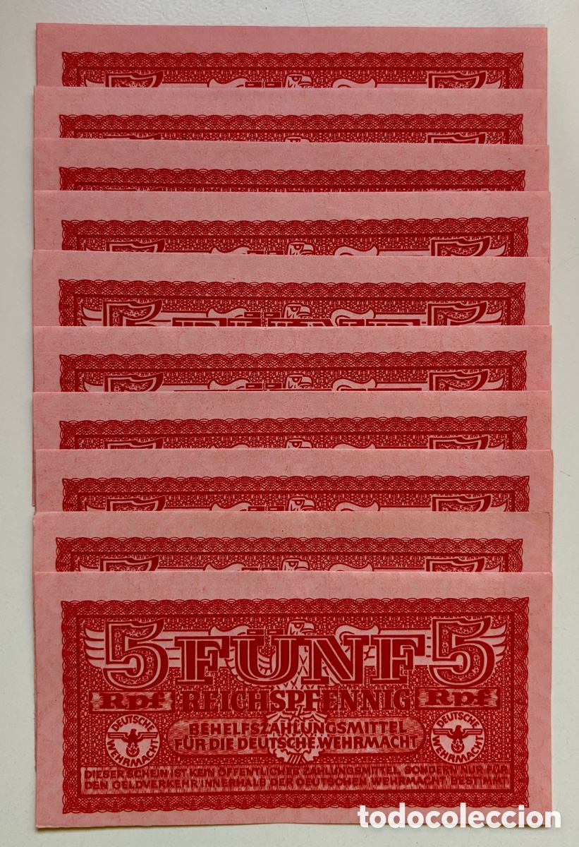 Billetes extranjeros: Lote x 10 Billetes ALEMANIA NAZI 5 Peniques 1944 SC/SC- Reichspfennig