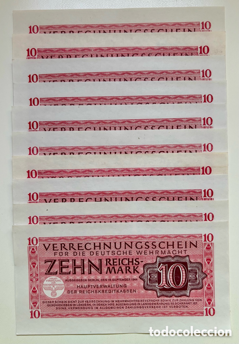 Billetes extranjeros: Lote x 10 Billetes ALEMANIA NAZI 10 Marcos 1944 SC- ReichsMark