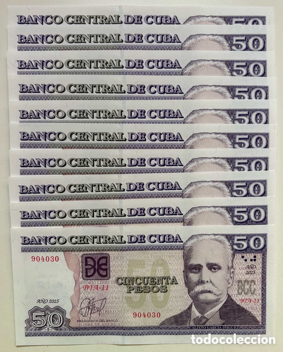 Billetes extranjeros: Lote x 10 Billetes CUBA 50 Pesos 2025 SC. Calixto Garcia &Iacute;&ntilde;iguez