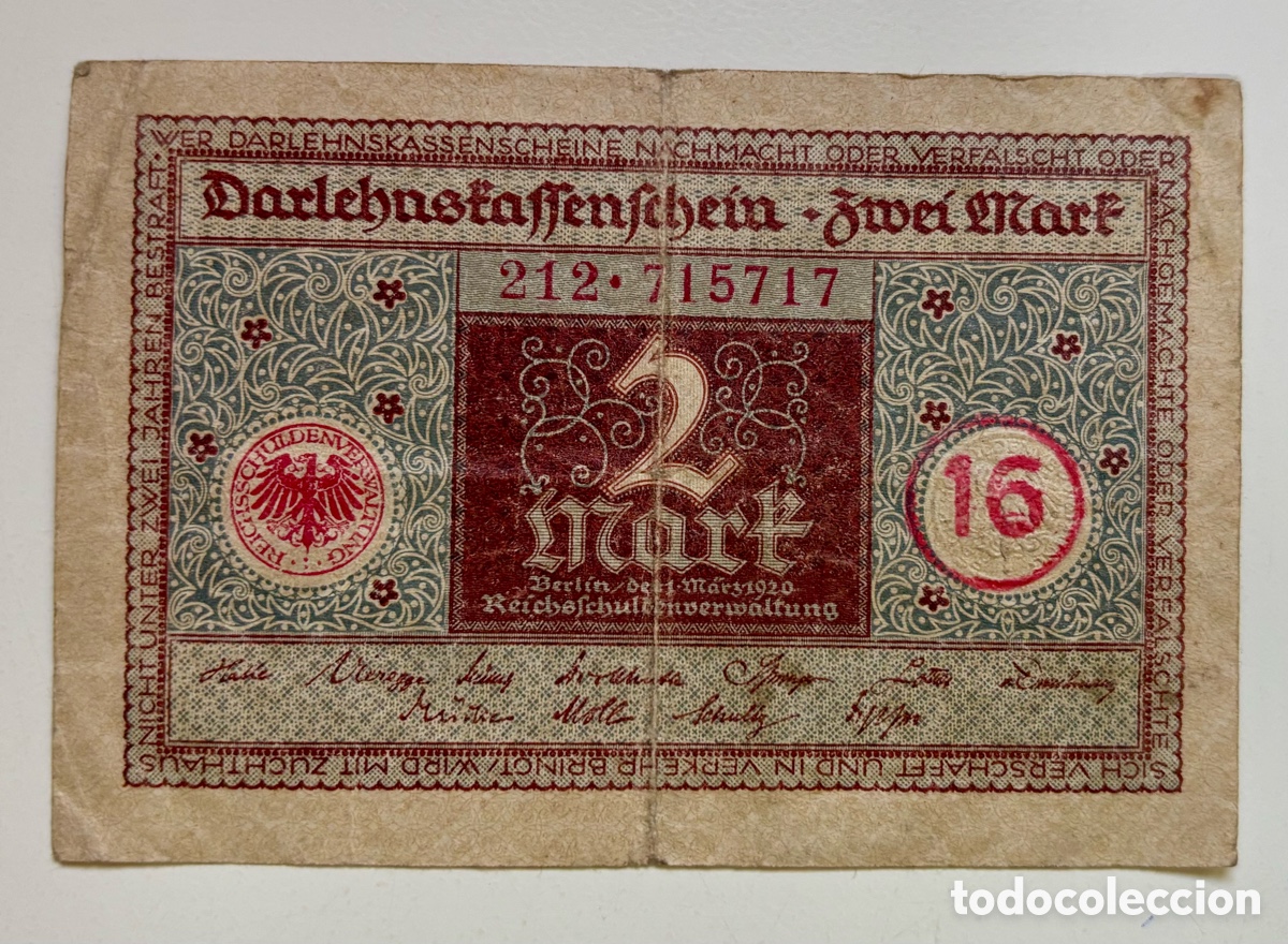 Billetes extranjeros: Billete ALEMANIA 2 Marcos 1920. Azul. Mark