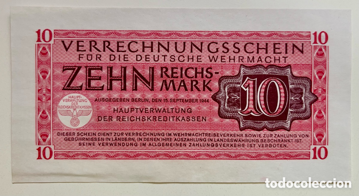 Billetes extranjeros: Billete ALEMANIA NAZI 10 Marcos 1944 SC- ReichsMark
