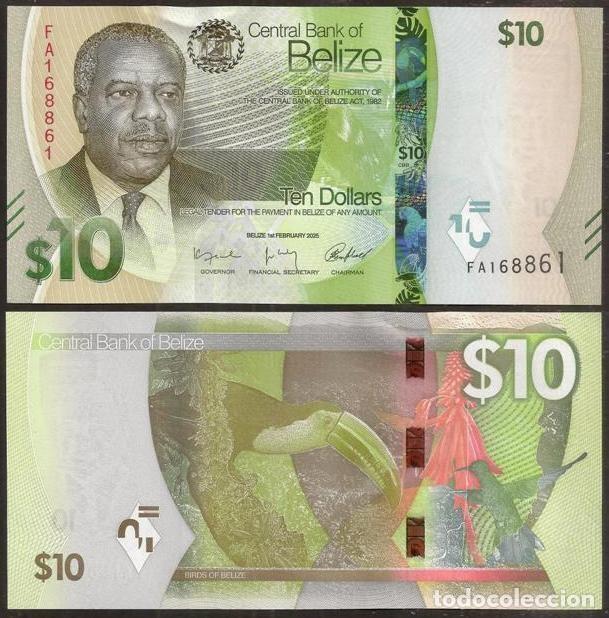 Billetes extranjeros: BELICE (BELIZE). 10 dolares 2025. S/C. Fauna, tuc&aacute;n.