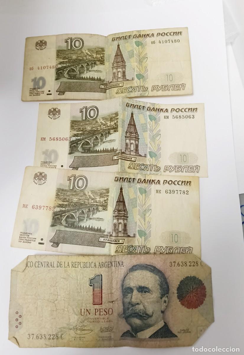 Banconote internazionali: Lote de 4 Billetes Internacionales: 3 x 10 Rublos (Rusia 1997) + 1 x 1 Peso (Argentina)