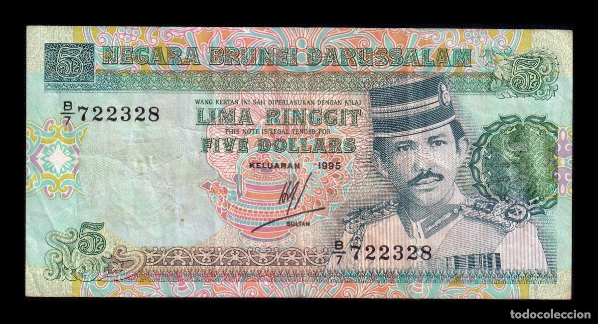 Billetes extranjeros: Brunei 5 Ringgit Hassan al-Bolkiah I 1995 Pick 14d Bc/Mbc F/Vf