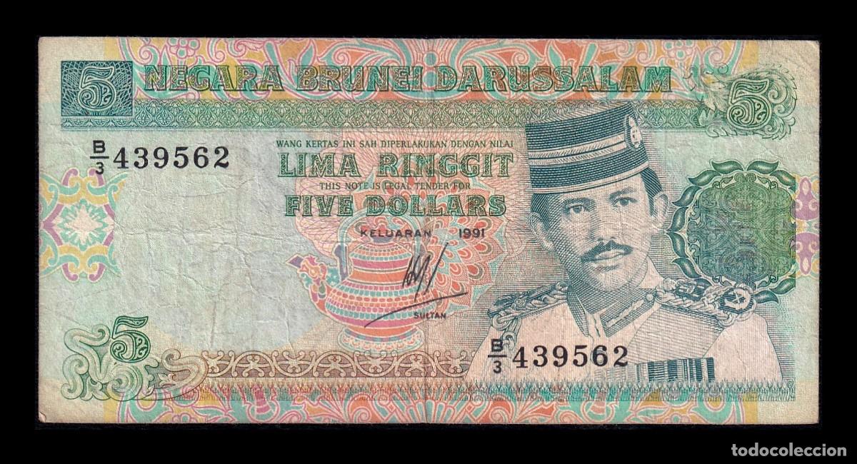 Billetes extranjeros: Brunei 5 Ringgit Hassan al-Bolkiah I 1991 Pick 14b Bc/Mbc F/Vf
