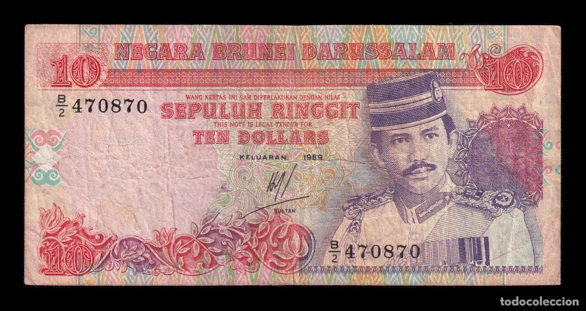 Billetes extranjeros: Brunei 10 Ringgit Hassan al-Bolkiah I 1989 Pick 15a Bc/Mbc F/Vf