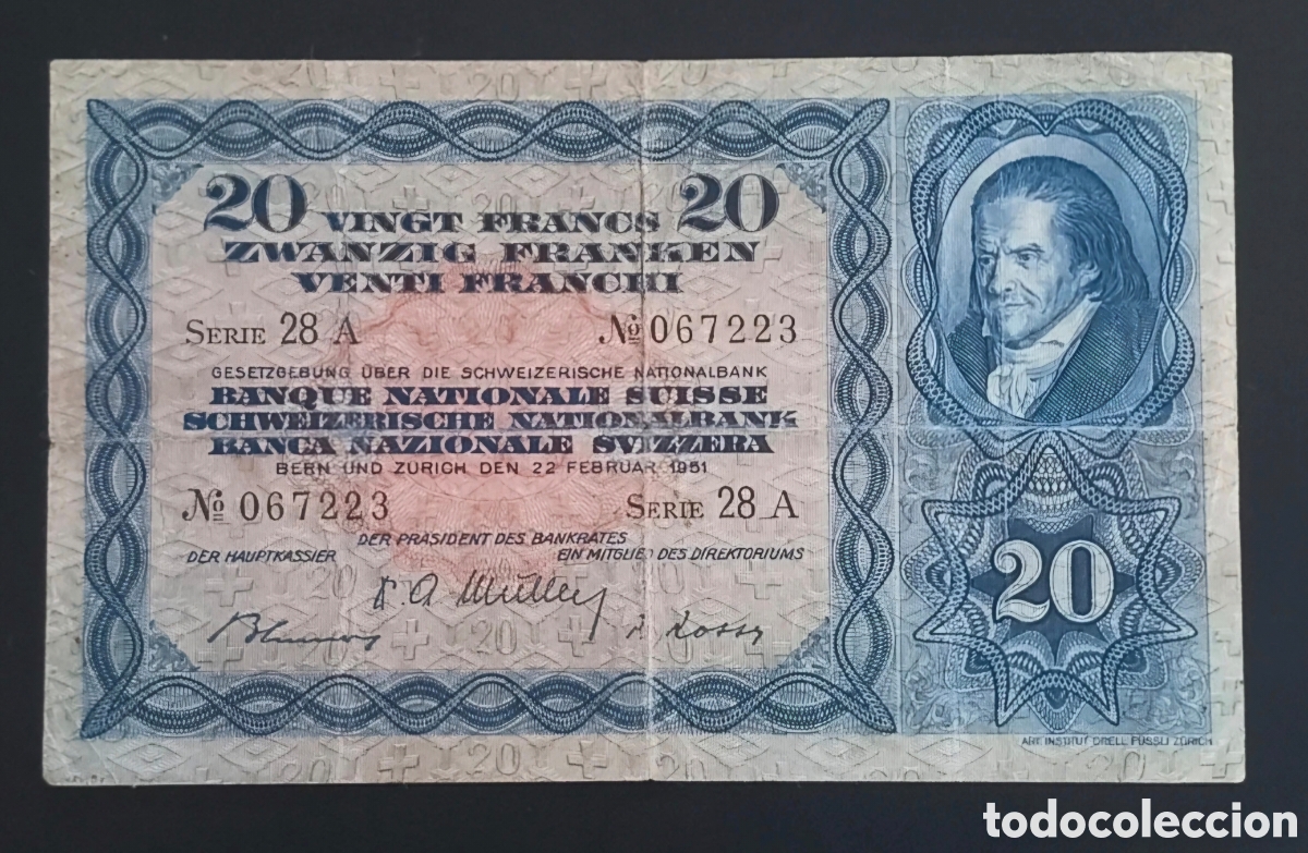 Banconote internazionali: Billete Suiza,1.951, 20 Francos,BC+