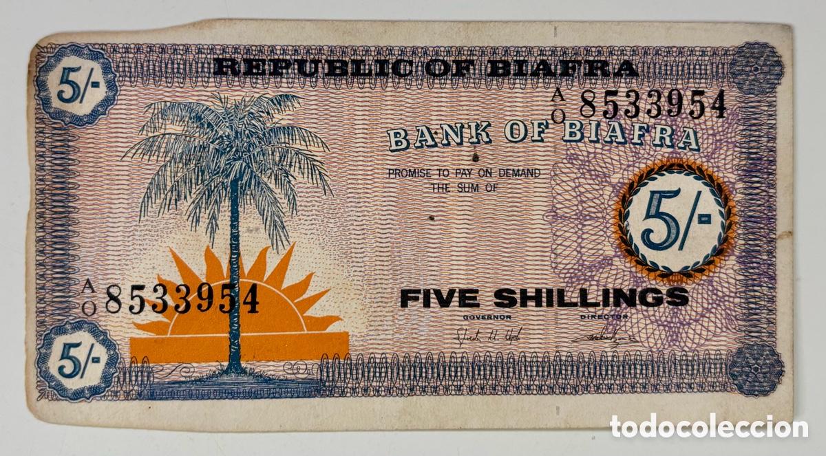 Billetes extranjeros: Billete BIAFRA 5 Chelines (1968) Da&ntilde;ado. Shillings