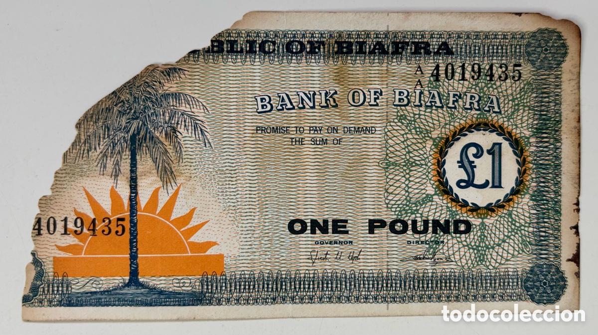 Billetes extranjeros: Billete BIAFRA 1 Libra (1968) Da&ntilde;ado. Falta de Papel. Pound
