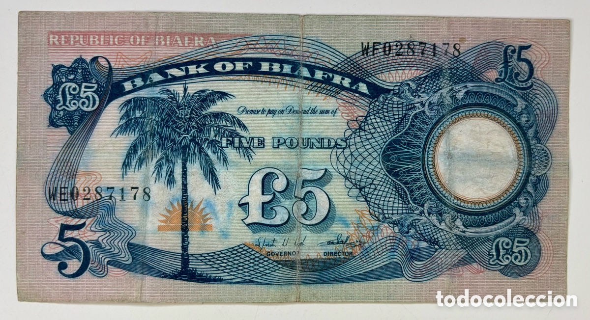 Billetes extranjeros: Billete BIAFRA 5 Libras (1969) Lavado ( Waste Note ). Pounds