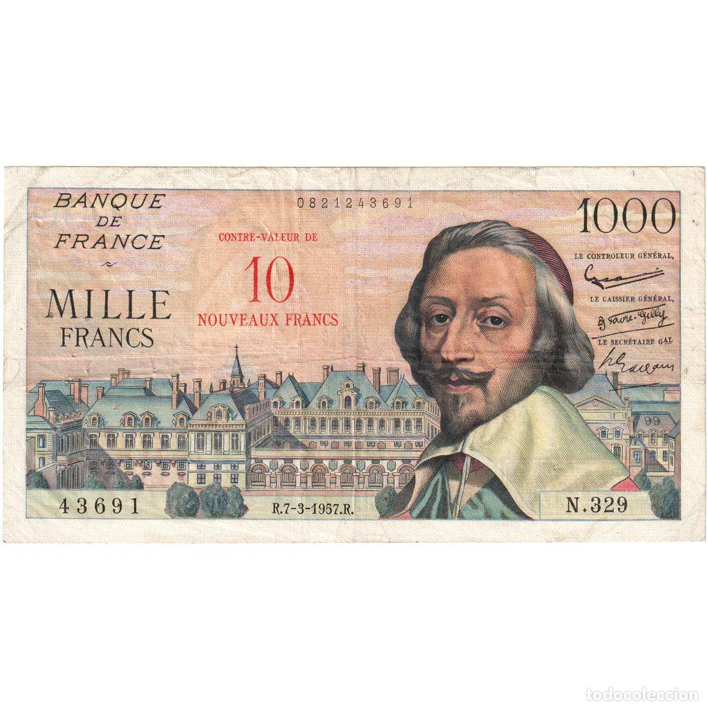 Billetes extranjeros: [#377723] Francia, 10 Nouveaux Francs on 1000 Francs, Richelieu, 1957-03-07, N.329, BC