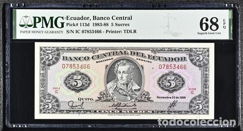 Billetes extranjeros: ECUADOR * BILLETE 5 SUCRES 1983-88 * PMG-68 EPQ (IC-1659)