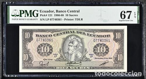 Billetes extranjeros: ECUADOR * BILLETE 10 SUCRES 1986-88 * PMG-67 EPQ (IC-1660)
