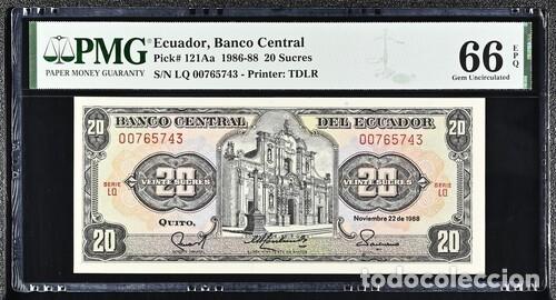 Billetes extranjeros: ECUADOR * BILLETE 20 SUCRES 1986-88 * PMG-66 EPQ (IC-1661)