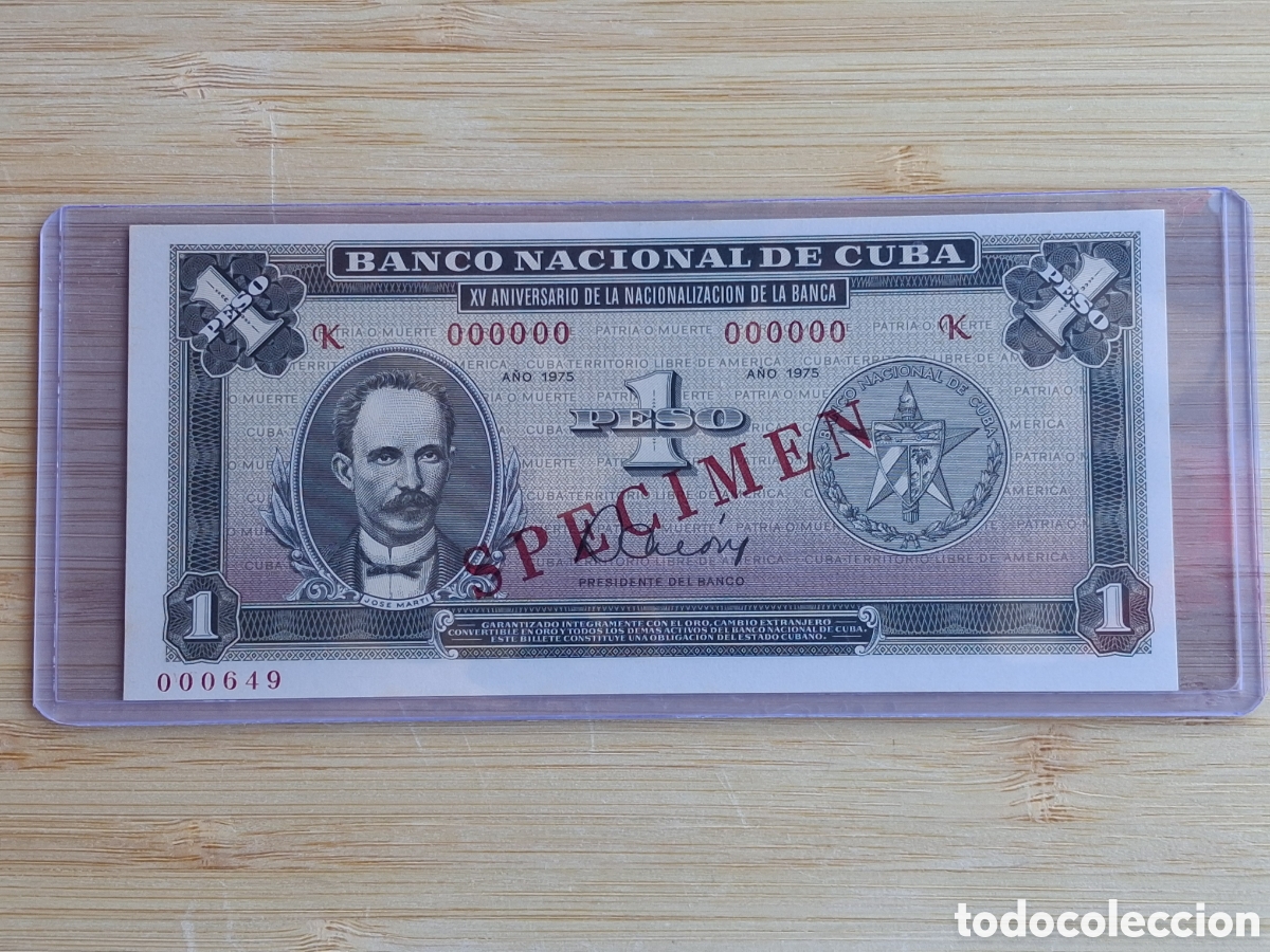 Billetes extranjeros: Billete Cuba 1 Peso 1975 Conmemorativo Specimen