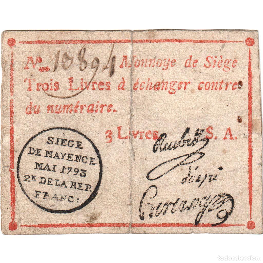 Billetes extranjeros: [#377778] Francia, 3 Livres, 1793-05-02, Si&egrave;ge de Mayence, BC+