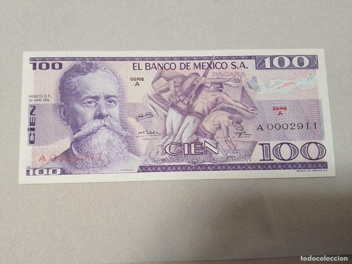 Billetes extranjeros: Billete M&eacute;xico, 100 pesos, a&ntilde;o 1974, serie A0002911, UNC