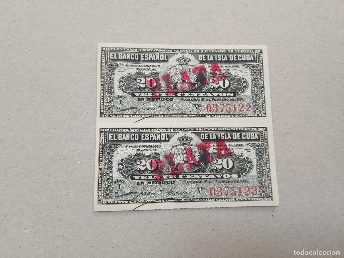Billetes extranjeros: Pareja 20 PESOs, A&Ntilde;O 1896 BANCO ESPA&Ntilde;OL EN LA ISLA DE CUBA CON SOBRESELLO PLATA, sin cortar, UNC