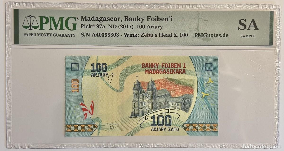 Billetes extranjeros: Madagascar - 100 Ariary (2017) - Ambozontany Cathedral and Mantella Frog - Pick #97a - UNC (PMG Samp