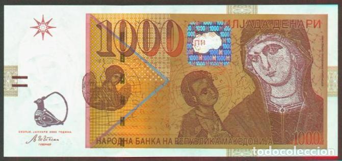 Billetes extranjeros: MACEDONIA. 1000 denari enero 2003. Ver firma. S/C. Pick 22 a. Icono siglo XIV.