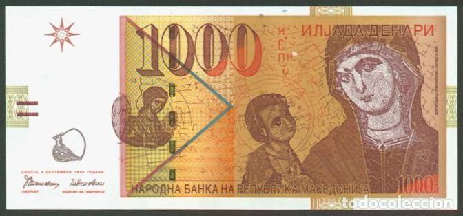 Billetes extranjeros: MACEDONIA. 1000 denari 8.9. 1996. 2 firmas. Pick 18. S/C. Icono siglo XIV.