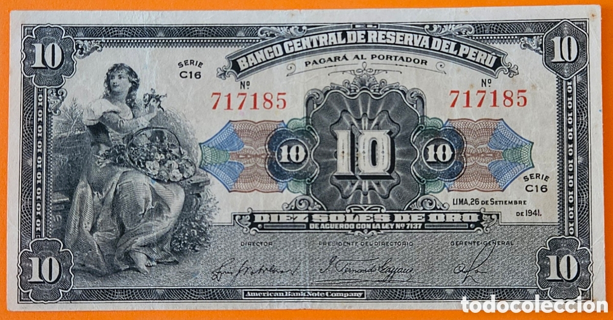 Billetes extranjeros: PER&Uacute;, 10 SOLES DE ORO, 1941.