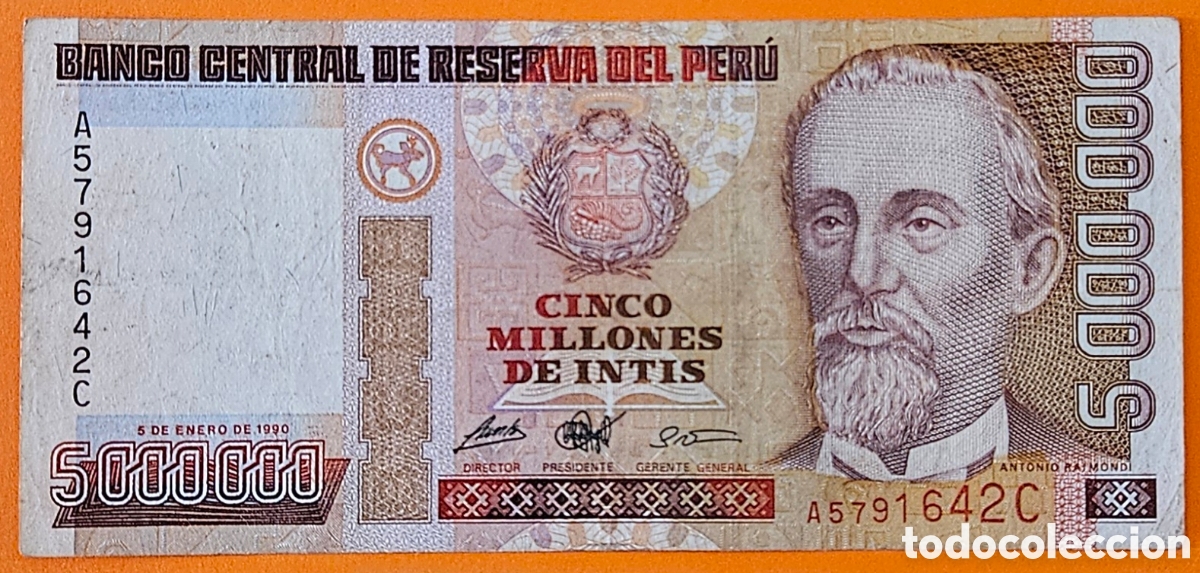 Billetes extranjeros: PER&Uacute;, 5 MILLONES DE INTIS, 1990.