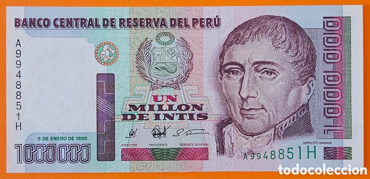 Billetes extranjeros: PER&Uacute;, 1 MILL&Oacute;N DE INTIS, 1990.