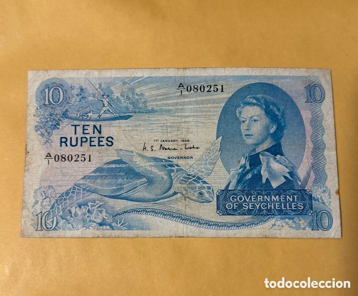 Billetes extranjeros: Seychelles 10 rupias 1968