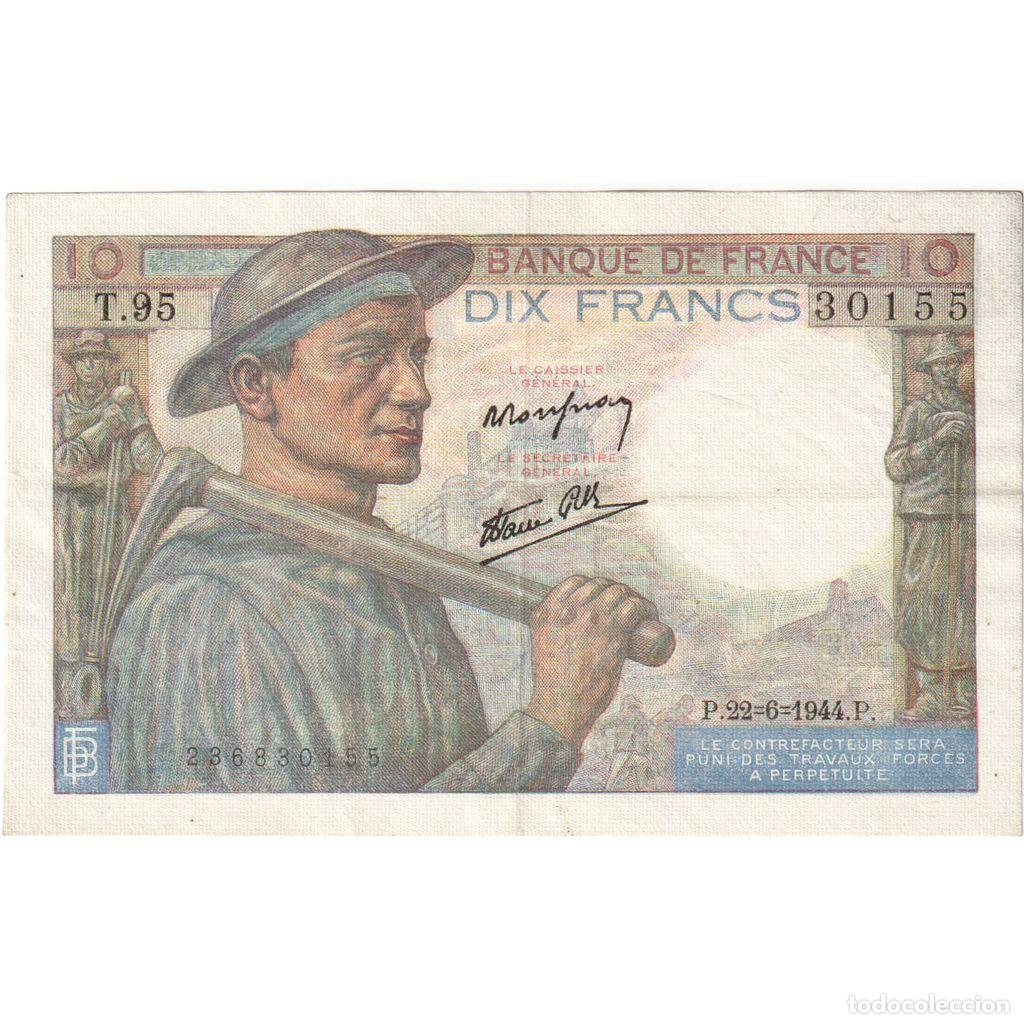 Billetes extranjeros: [#377707] Francia, 10 Francs, Mineur, 1944-06-22, T.95, MBC+