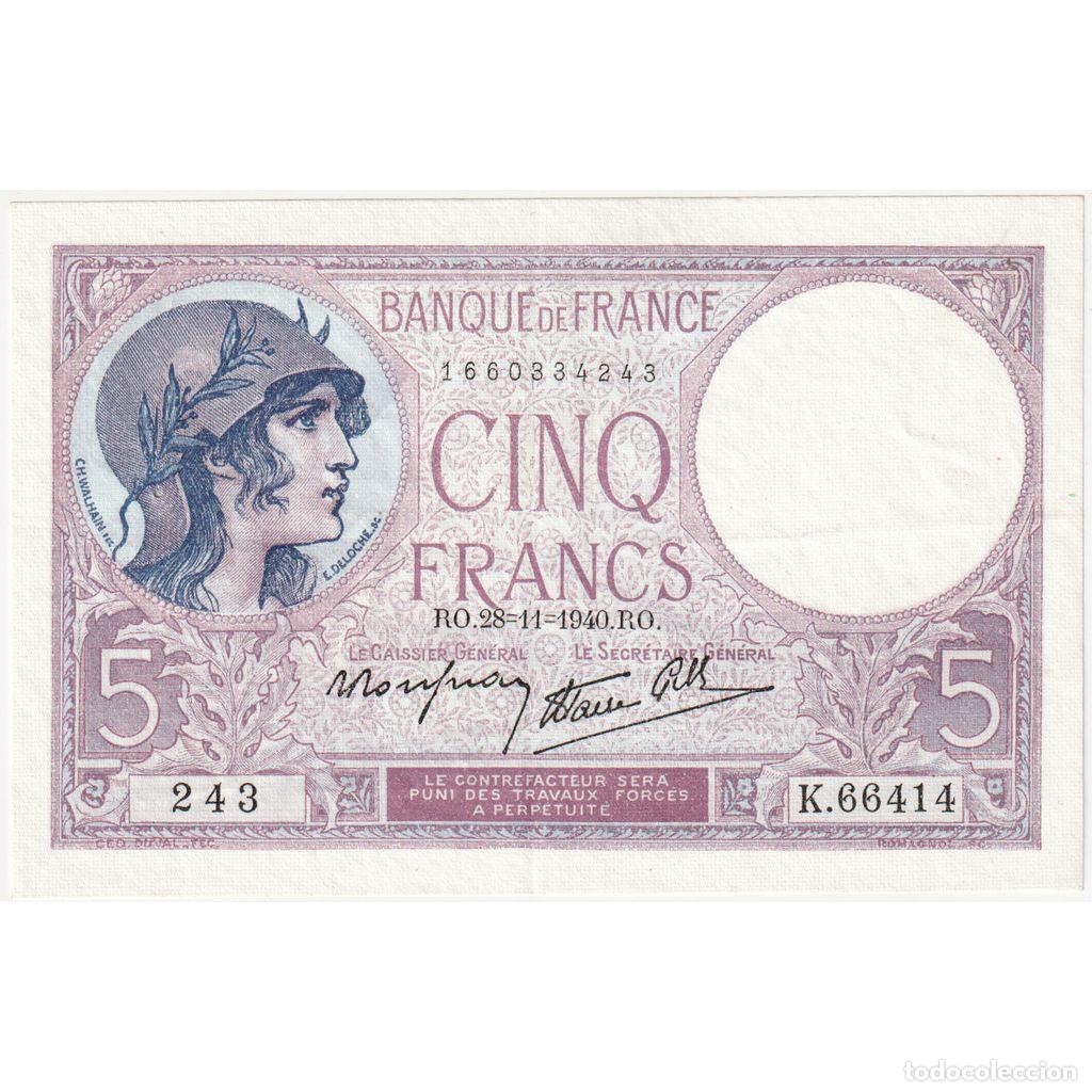 Billetes extranjeros: [#377709] Francia, 5 Francs, Violet, 1940-11-28, K.66414, EBC