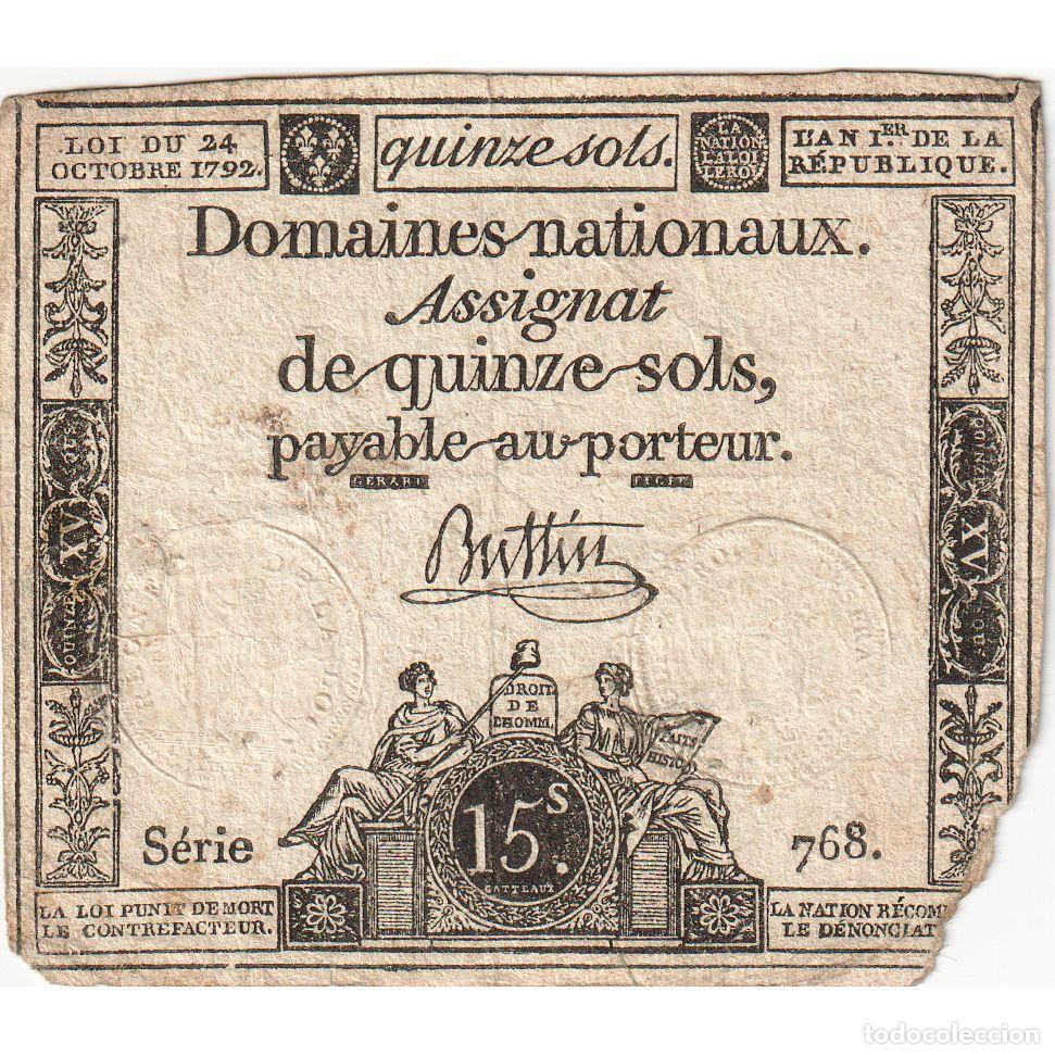 Billetes extranjeros: [#377746] Francia, 15 Sols, 1792-10-24, 768, BC