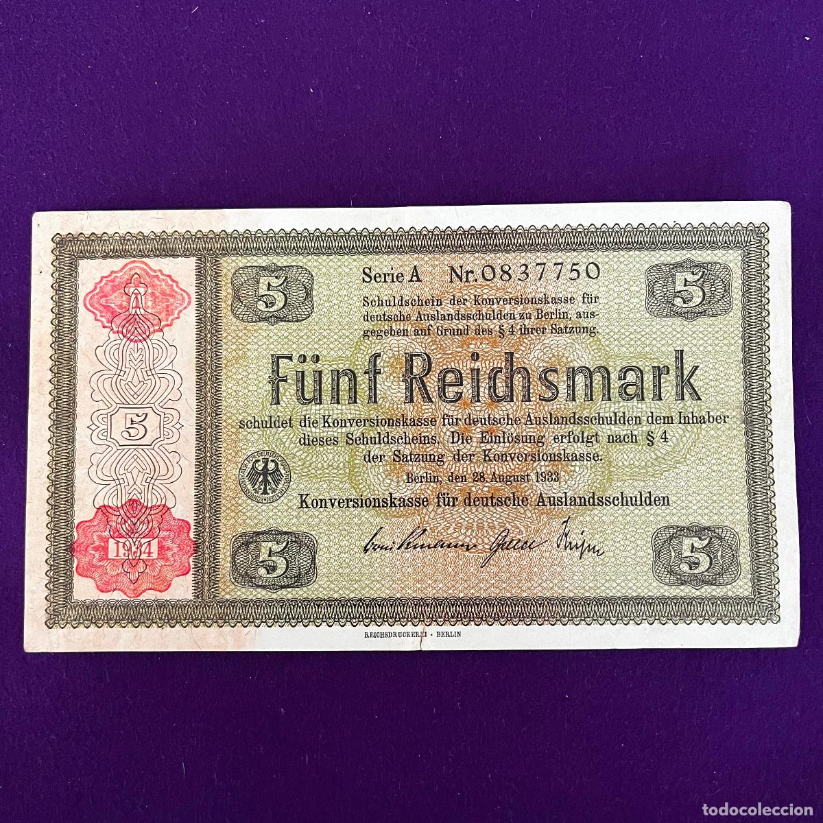 Billetes extranjeros: BILLETE ALEMANIA. 1933. BERLIN. 5 REICHMARK. ESCASO. MUY BONITO. EMISION 1934. ORIGINAL.